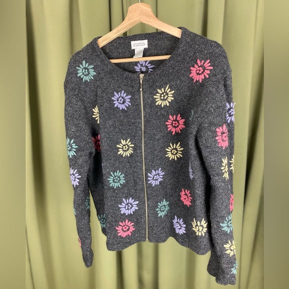 Floral Embroidered Vintage ZipUp Wool Sweater - Picture 3 of 7